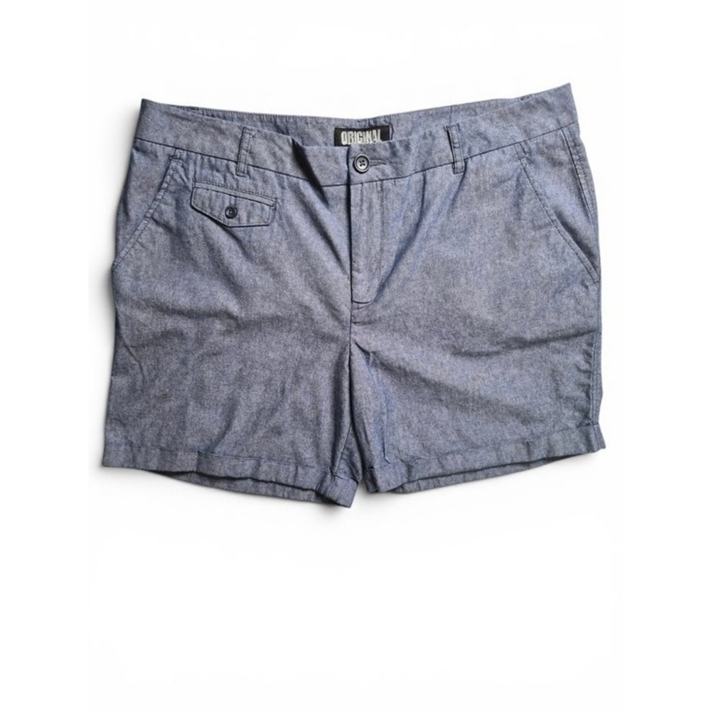 Nicole Miller Blue Chambray Cotton Chino Shorts 12 High Rise Cuffed Hem Coastal